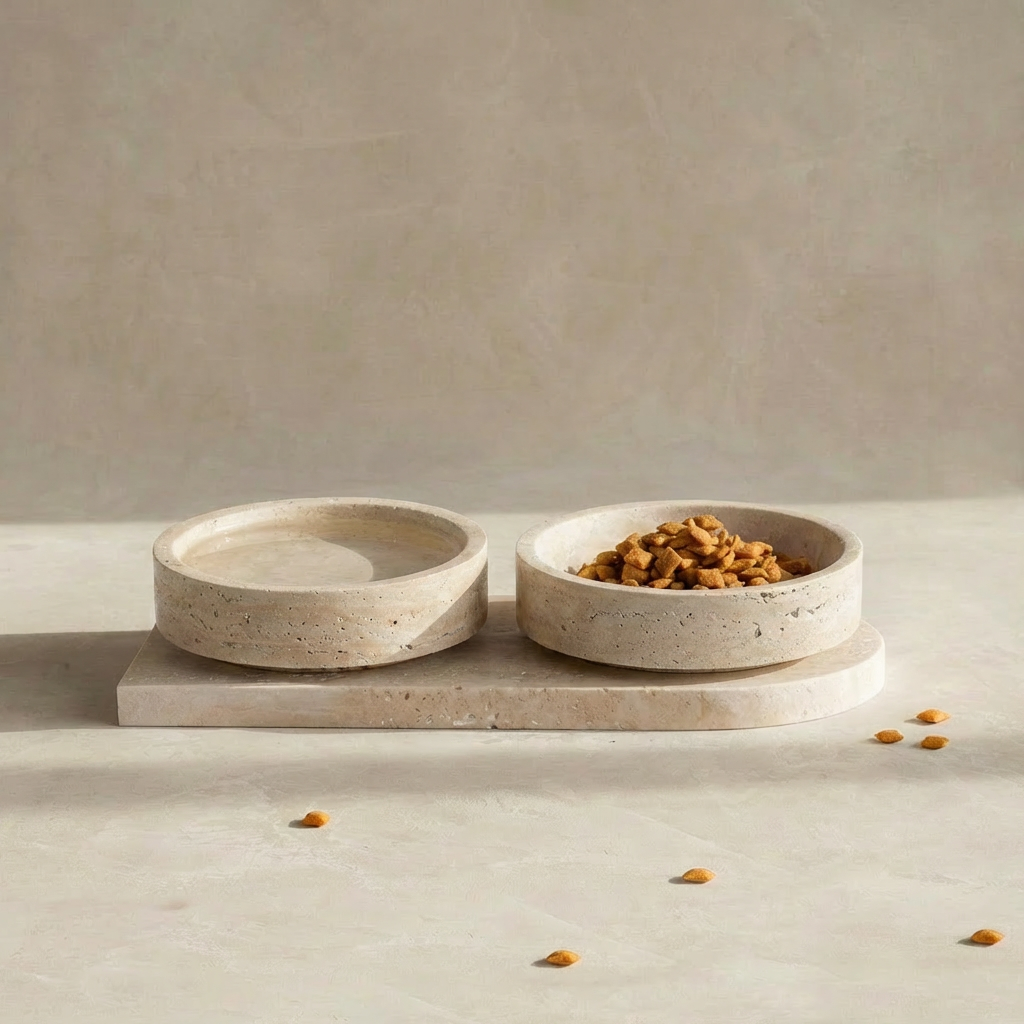 Vestige | Ensemble Gamelles en Travertin Naturel pour Chat | Design Sculptural FÉLINATURE