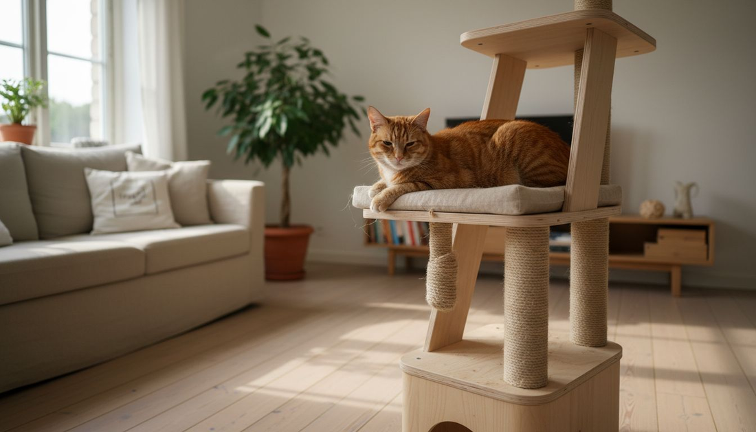 Un chat roux se prélasse sur son arbre à chat, au cœur d’un salon élégant.