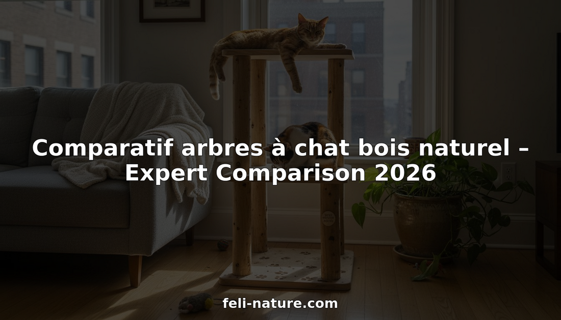Un arbre à chat en bois brut s’intègre parfaitement dans un salon contemporain.