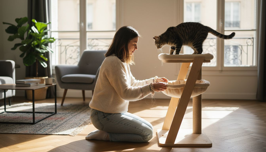 Une femme aménage un arbre à chat design dans son salon.
