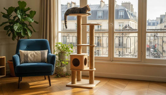 Un chat perché sur un arbre à chat design dans un salon moderne