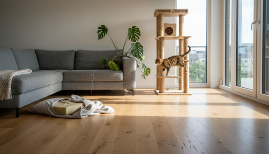Un chat s’amuse sur son arbre à chat design installé au cœur du salon.