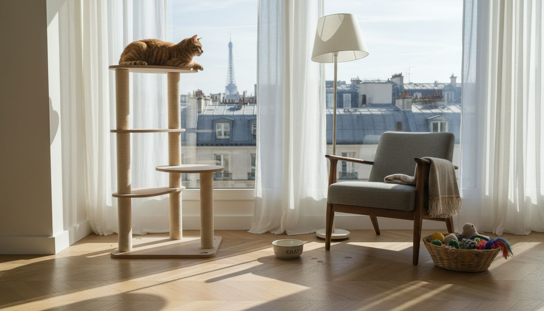 Un arbre à chat au design élégant, parfaitement intégré dans un salon parisien raffiné.