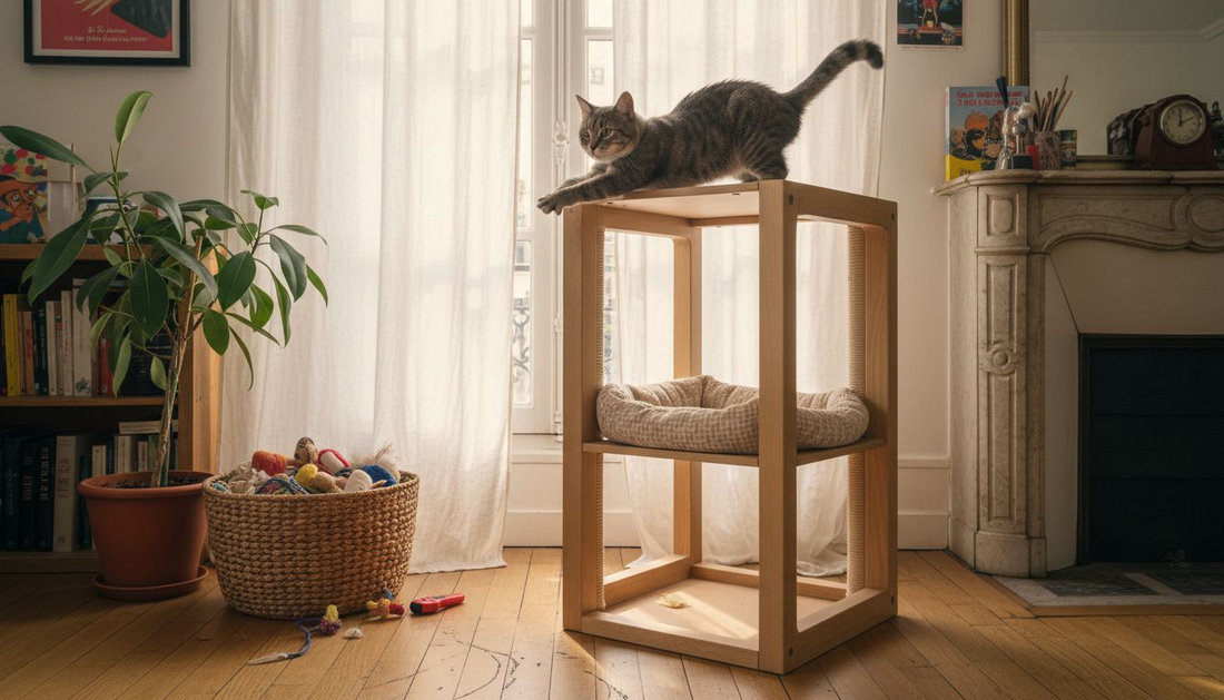 Un chat qui se prélasse sur un arbre à chat épuré en bois, au look résolument moderne.