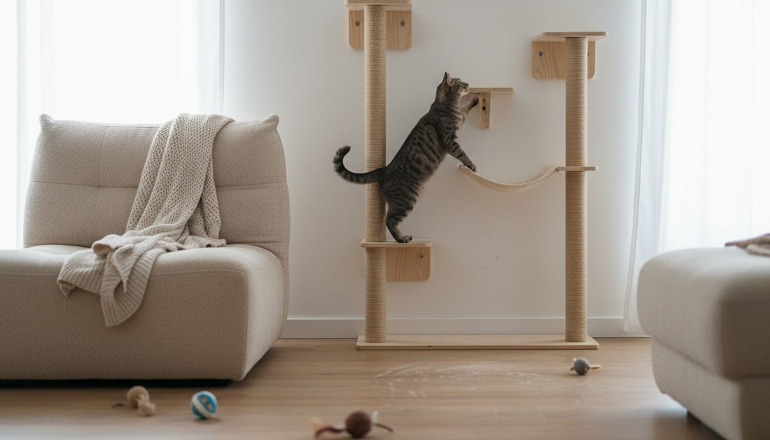Un chat profite de son arbre mural dans un salon au style contemporain.