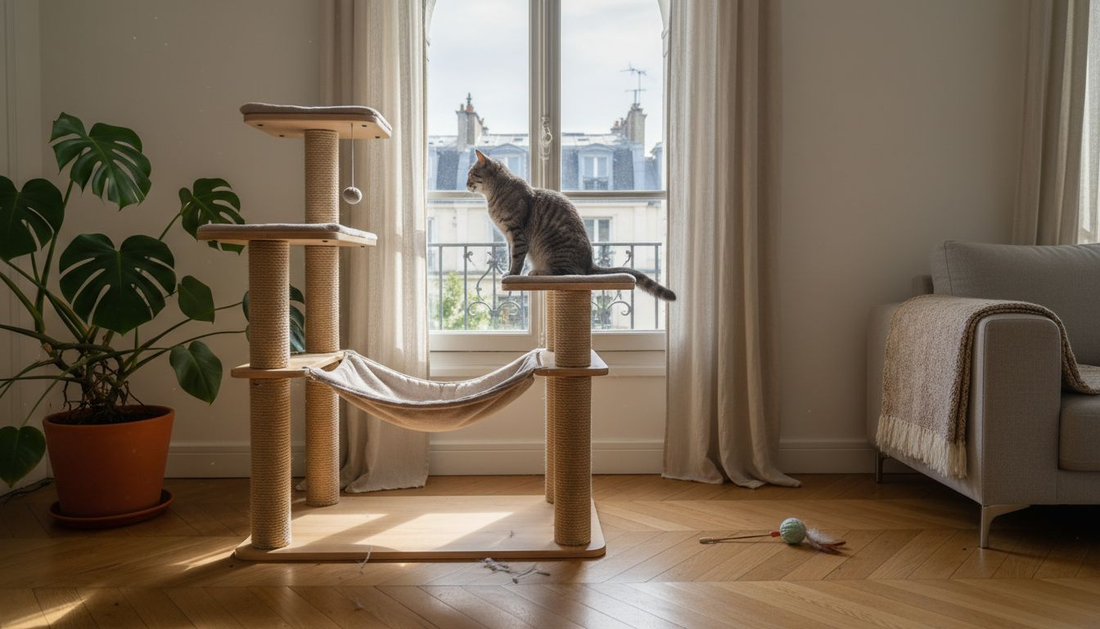 Un arbre à chat en bois au design élégant, parfaitement installé dans un appartement baigné de lumière.