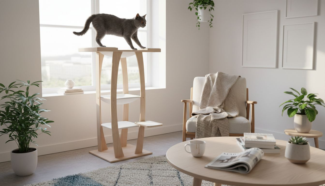 Un arbre à chat élégant qui s’intègre parfaitement dans un salon baigné de lumière.