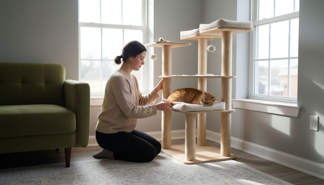 Une femme assemble un arbre à chat design chez elle