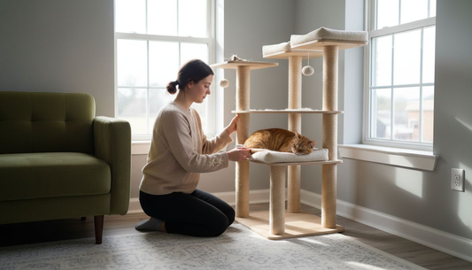 Une femme assemble un arbre à chat design chez elle