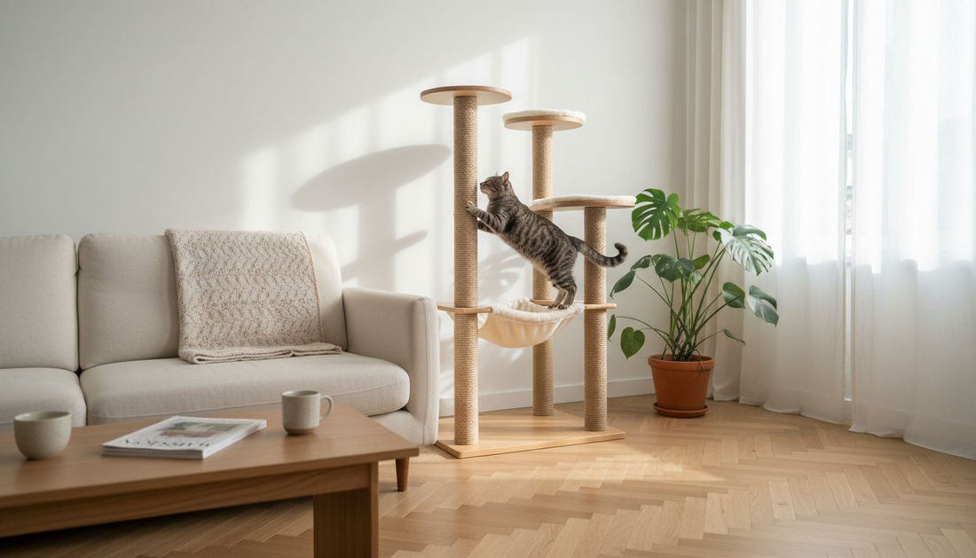 Un chat installé sur un arbre à chat design dans un salon lumineux.