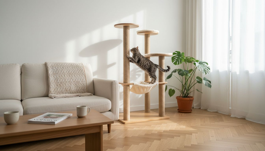 Un chat installé sur un arbre à chat design dans un salon lumineux.