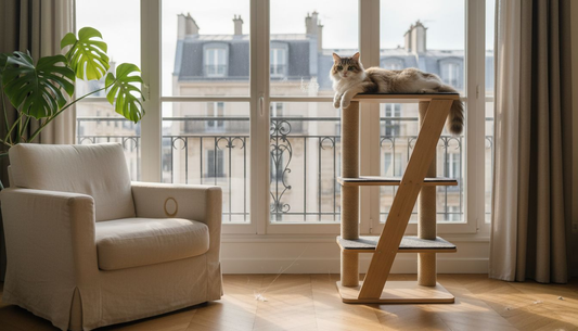 Un chat se prélasse sur un élégant canapé dans un appartement contemporain.