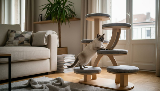Un chat installé sur un arbre à chat au design épuré, parfaitement intégré dans un salon contemporain.