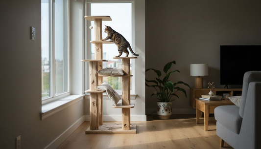 Un arbre à chat en bois installé dans un salon baigné de lumière.