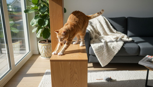 Un chat paisiblement installé sur un arbre à chat en bois massif, dans un intérieur chaleureux.