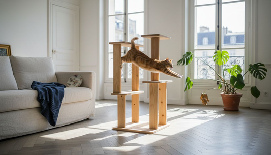Arbre à chat design installé dans un salon parisien élégant