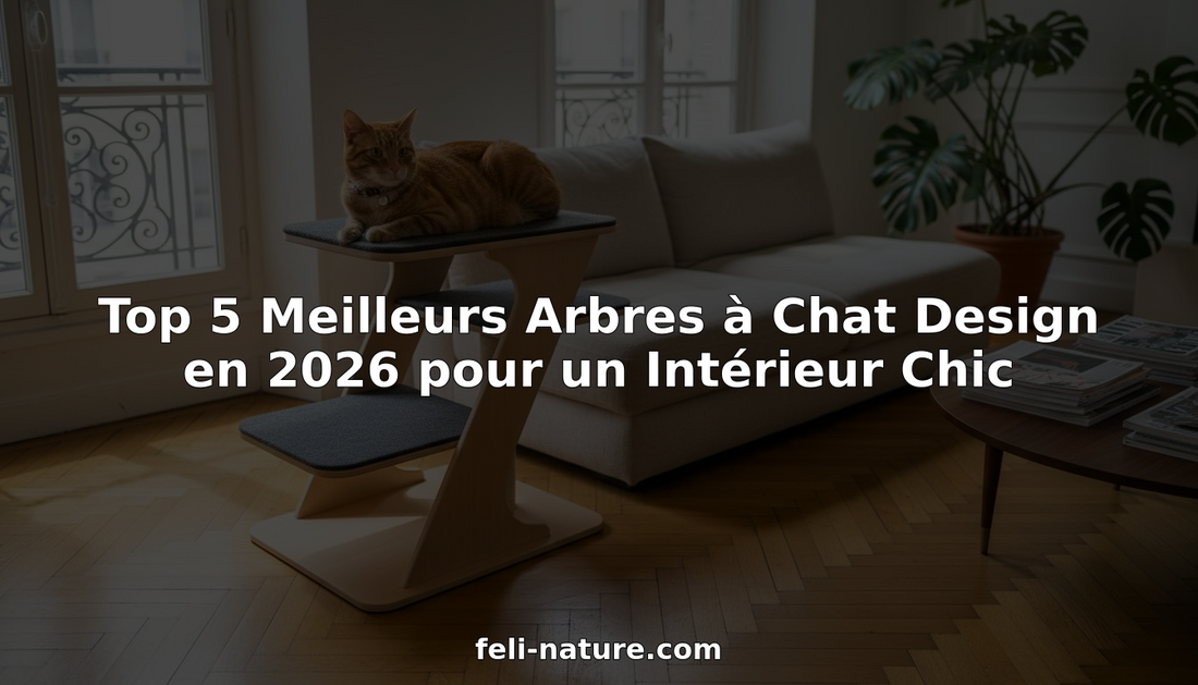 Un chat perché sur son arbre à chat design, dans un salon parisien à la déco élégante.