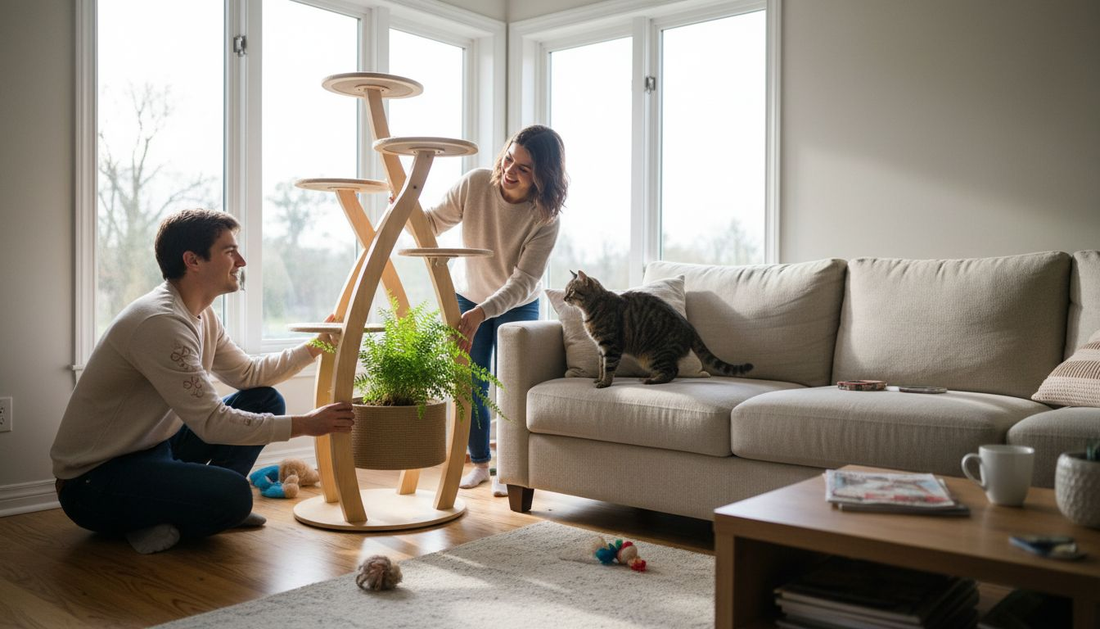 Un couple installe un arbre à chat au design élégant près de la fenêtre pour que leur félin puisse profiter de la vue.