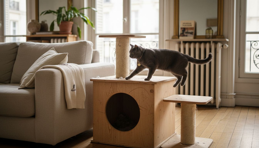 Un chat profite d’un meuble multifonction design dans un appartement moderne.