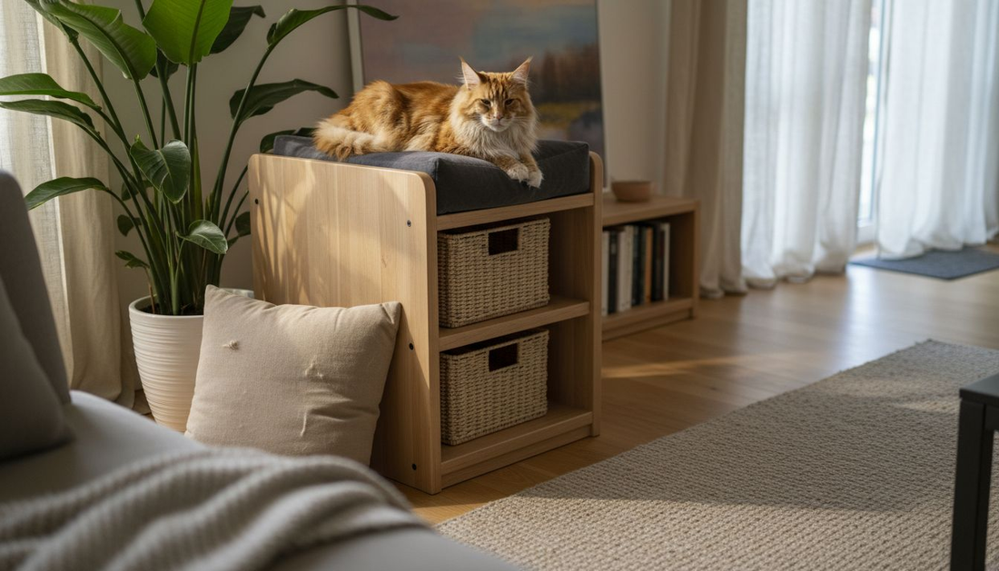 Un Maine Coon installé sur un meuble design dans un salon chaleureux