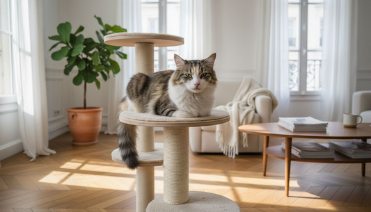 Un chat s’amuse sur son arbre à chat modulable installé dans le salon.