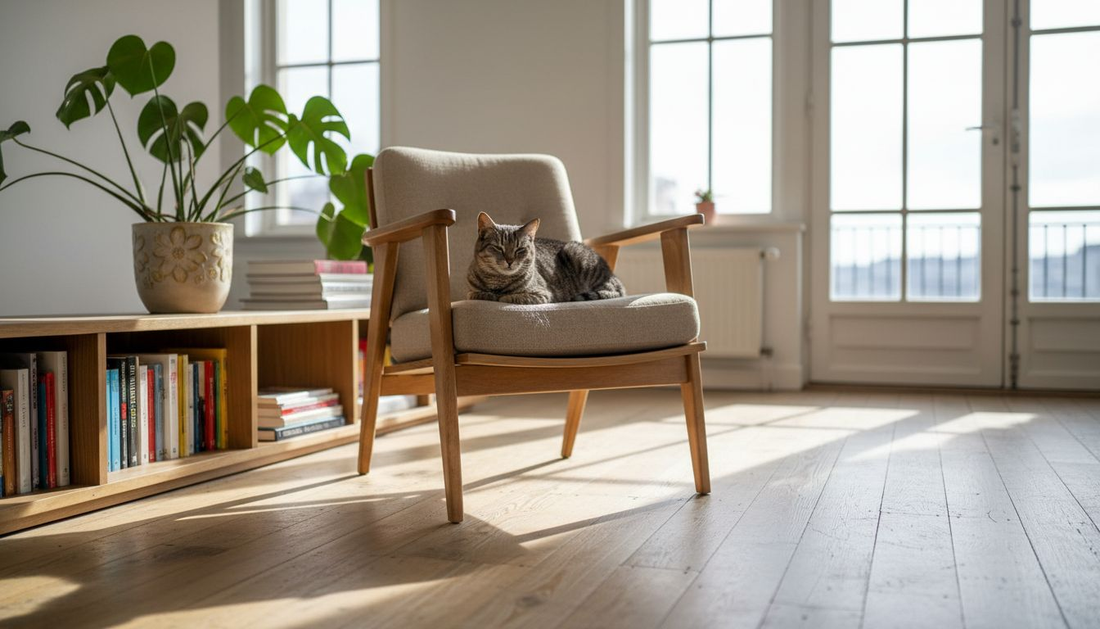 Un salon contemporain sublimé par un mobilier pensé spécialement pour les chats, aussi esthétique que pratique.
