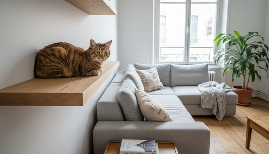 Un chat se prélasse sur un canapé design, baigné par la lumière naturelle du salon.