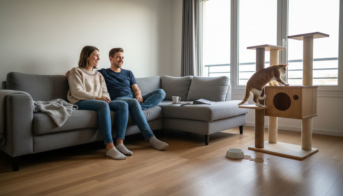 Un couple profite de son salon équipé d’un meuble astucieux pensé spécialement pour leur chat.