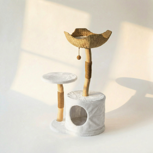 Léo | Arbre à Chat Design Blanc 102cm | Bois de Poirier & Sisal Naturel