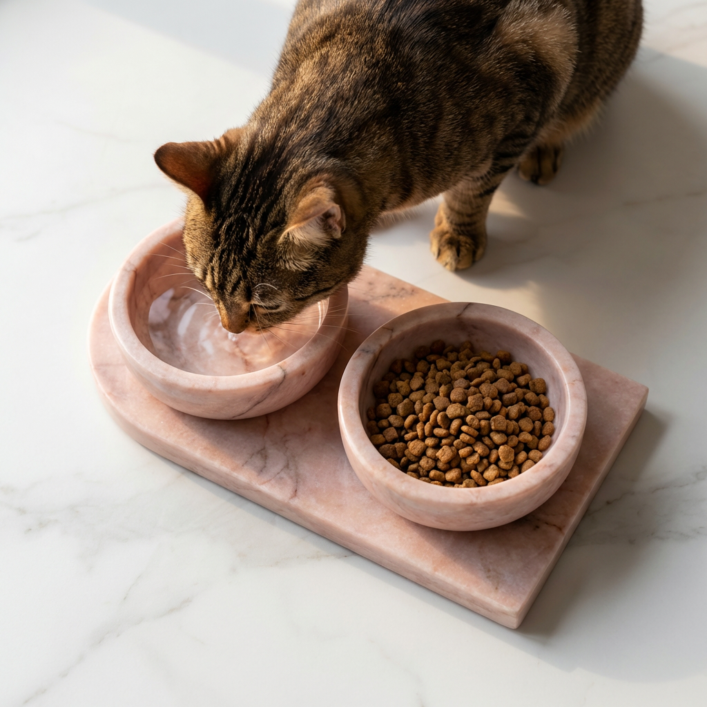 Élégance Naturelle | Ensemble Gamelles en Marbre pour Chat | Design Sculptural Moderne I FÉLINATURE