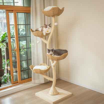 L'Arbre à Chat Design Eclipse de FéliNature est un arbre à chat moderne de 183 cm, à 4 niveaux, avec des paniers tressés, présenté près d'une fenêtre dans une pièce lumineuse avec un sol en bois clair et des murs crème.