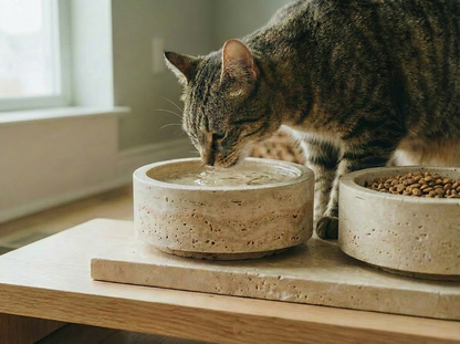 Vestige | Ensemble Gamelles en Travertin Naturel pour Chat | Design Sculptural FÉLINATURE