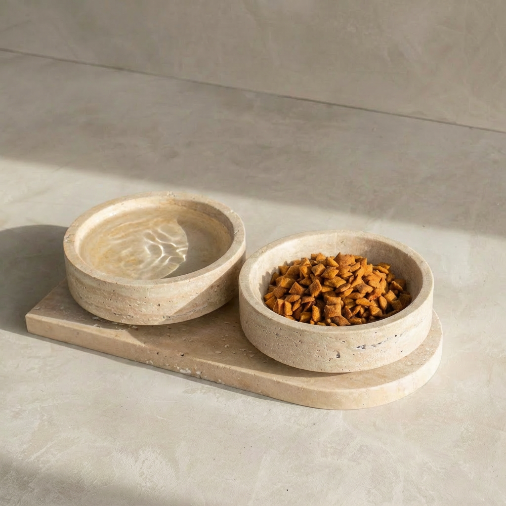 Vestige | Ensemble Gamelles en Travertin Naturel pour Chat | Design Sculptural FÉLINATURE