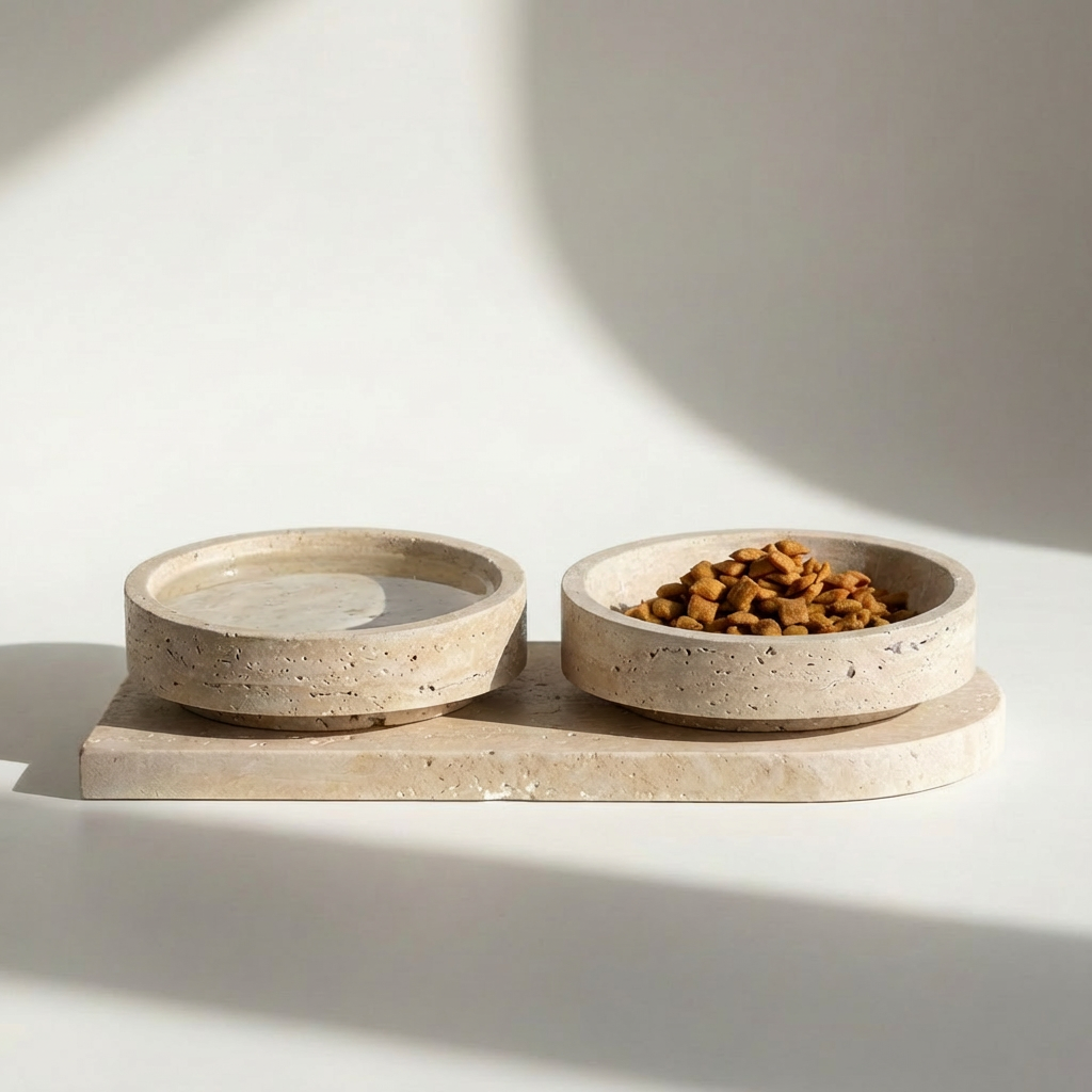 Vestige | Ensemble Gamelles en Travertin Naturel pour Chat | Design Sculptural FÉLINATURE