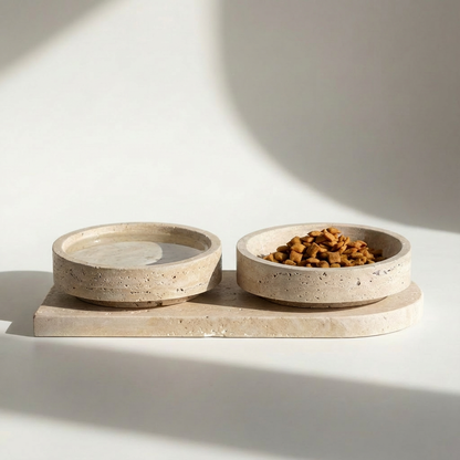 Vestige | Ensemble Gamelles en Travertin Naturel pour Chat | Design Sculptural FÉLINATURE
